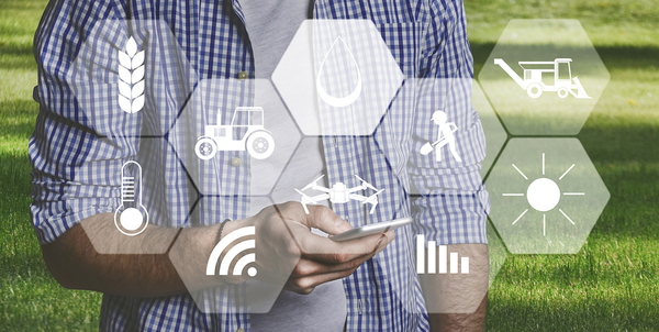 Man standing outside looking at his phone with farm icons displaying.