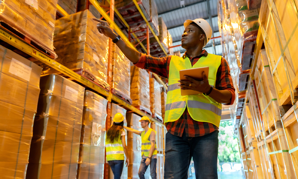 Warehouse worker taking note of supplies.