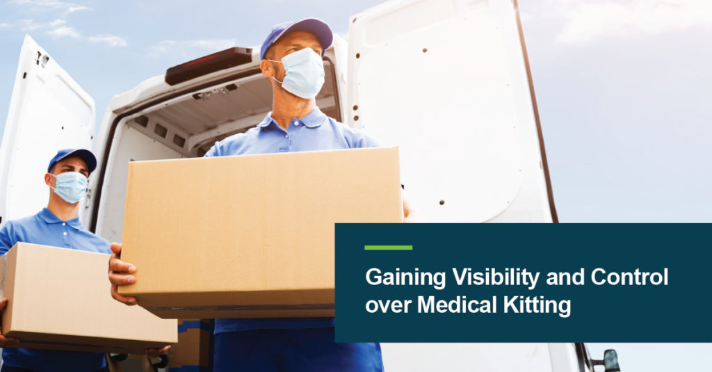 Image showing a person carrying a box with text that says "Gaining visibility and control over medical kitting."